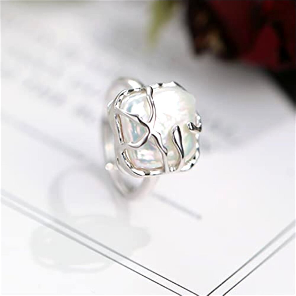 Adjustable Baroque Pearl Statement Ring, Brass Si… - image 2